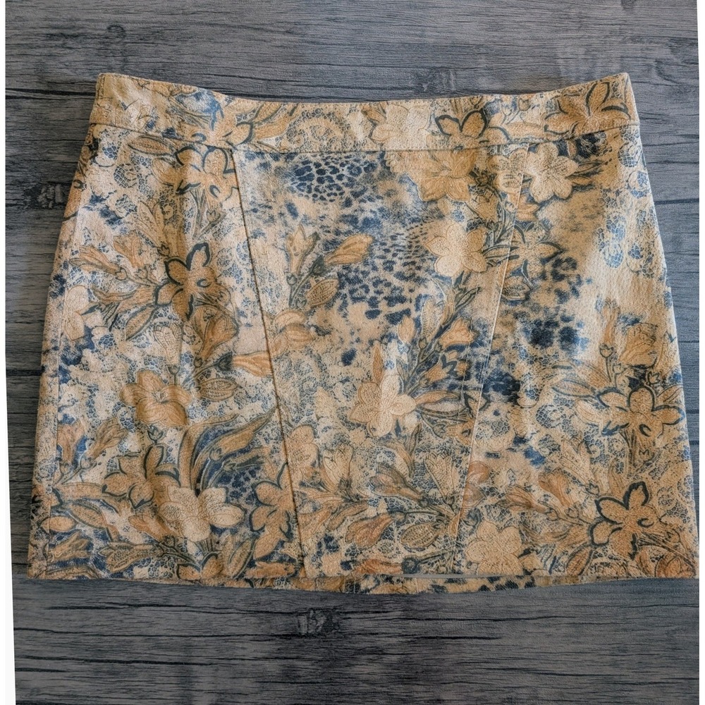 Express Genuine Leather Floral Leopard Print Mini Skirt Tan Brown Black Size 6
